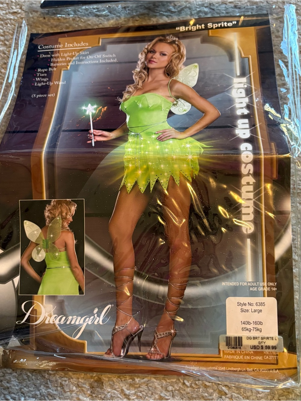 Dreamgirl Lime Green Light-Up Fairy Mini Dress Tinker Bell Large Costume